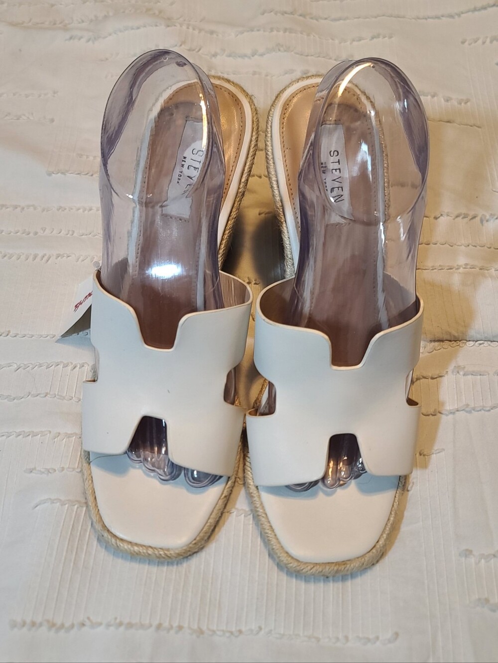 New Steven Wedge Espadrille Cream Faux Leather Sandals Sz 10
